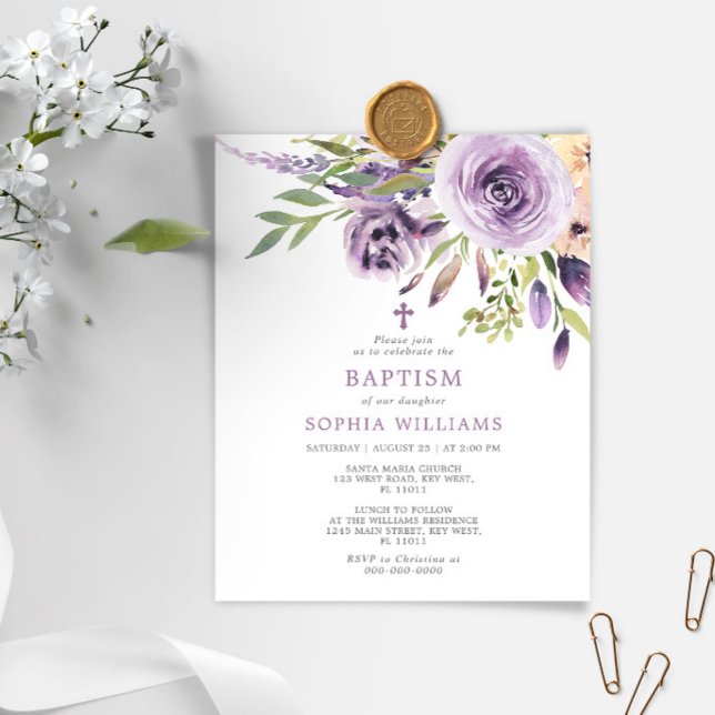 Budget Purple Rose Floral Baptism Invitation (Creator Uploaded)