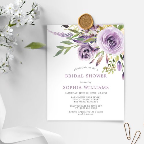 Budget Purple Rose Floral Bridal Shower Invitation