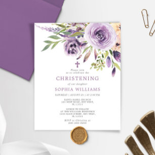 Budget Purple Rose Floral Christening Invitation