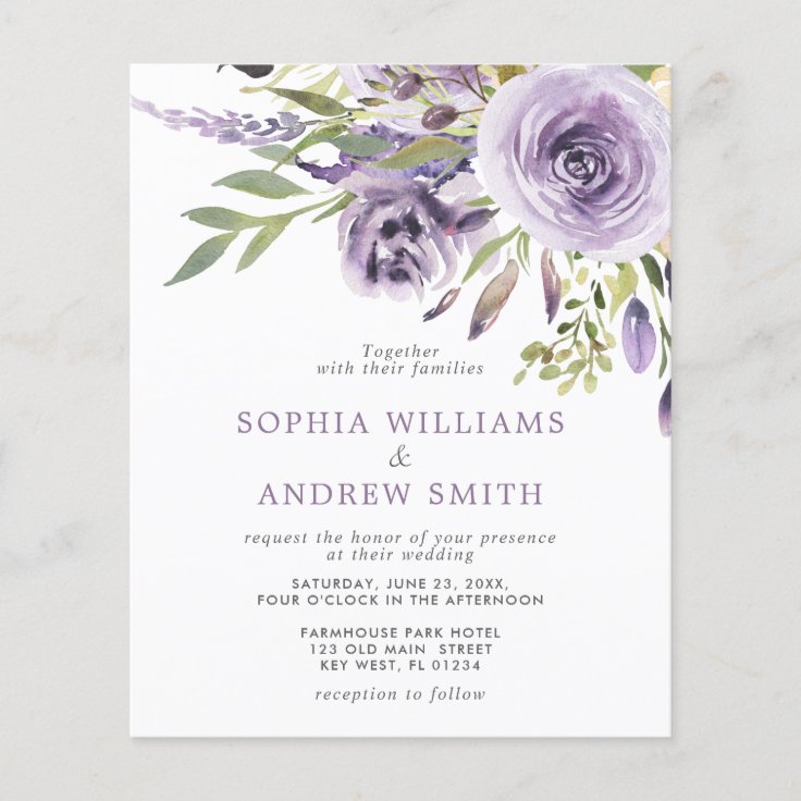 Budget Purple Rose Floral Wedding Invitation | Zazzle