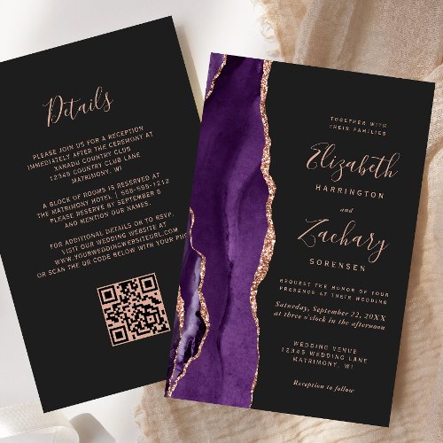 Budget Purple Rose Gold Agate Dark QR Code Wedding