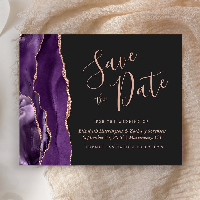Budget Purple Rose Gold Agate Dark Save the Date (Creator Uploaded)