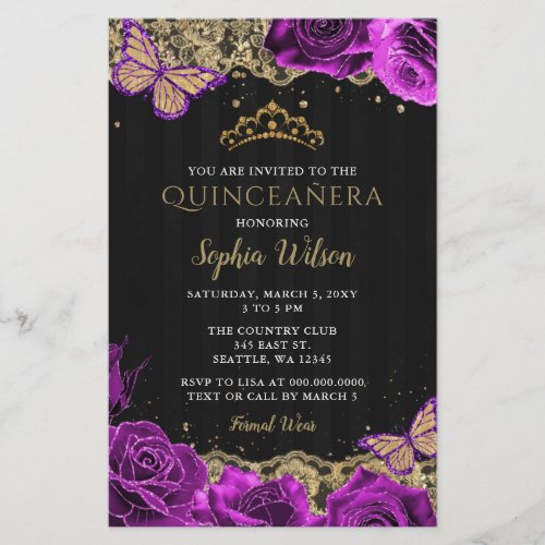  Budget Purple Roses Black Quinceaera Invitation