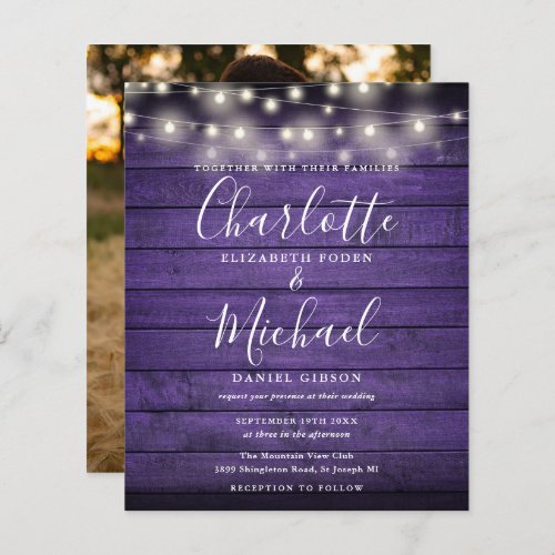 Budget Purple Rustic Lights Photo Wedding Invite