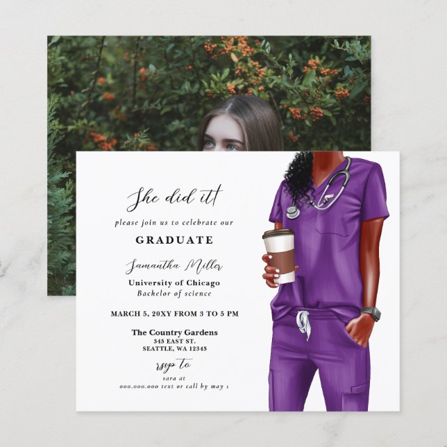 Budget Purple Scrubs Nurse Photo Graduation Invite (Front/Back)