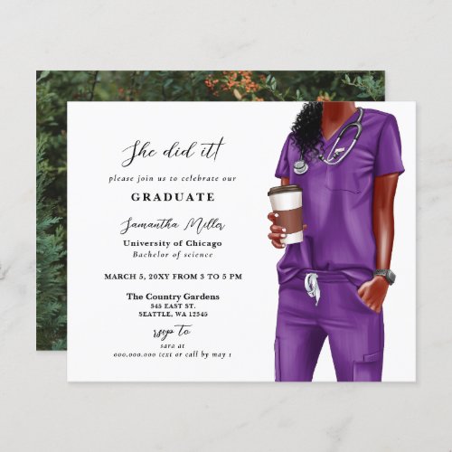 Budget Purple Scrubs Nurse Photo Graduation Invite
