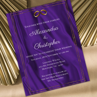 Budget Purple Silk and Gold Rings Wedding Invite