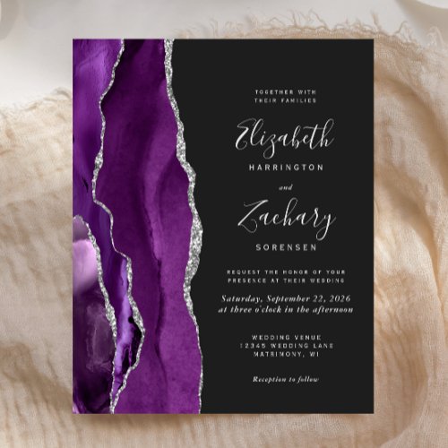 Budget Purple Silver Agate Dark Wedding Invitation