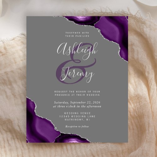 Budget Purple Silver Agate Gray Wedding Invite