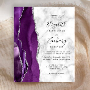 Budget Purple Silver Agate Marble Wedding Invite