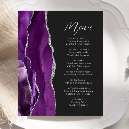 Budget Purple Silver Agate Script Wedding Menu