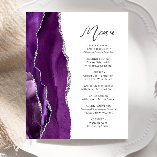 Budget Purple Silver Agate Script Wedding Menu (Creator Uploaded)