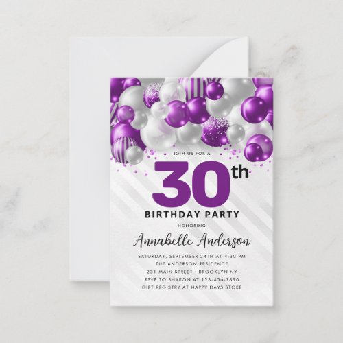Budget Purple Silver Balloon Glitter 30th Birthday Note Card