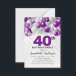 Budget Purple Silver Balloon Glitter 40th Birthday Note Card<br><div class="desc">Modern Glam Purple Violet Silver Balloon Glitter Sparkle Any Age Birthday Invitation</div>
