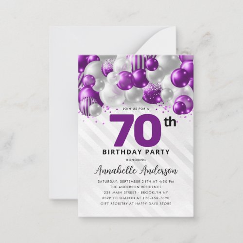 Budget Purple Silver Balloon Glitter 70th Birthday Note Card
