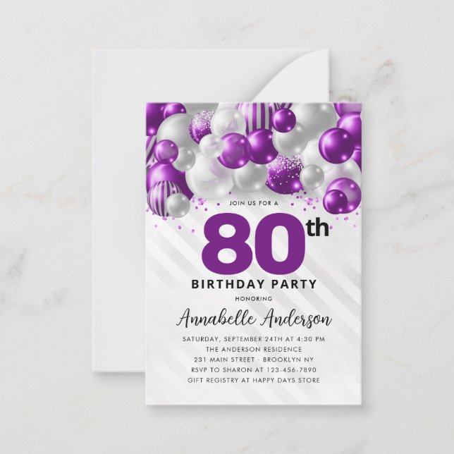 Budget Purple Silver Balloon Glitter 80th Birthday Note Card (Front)