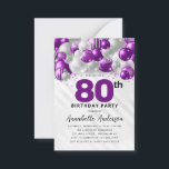 Budget Purple Silver Balloon Glitter 80th Birthday Note Card<br><div class="desc">Modern Glam Purple Violet Silver Balloon Glitter Sparkle Any Age Birthday Invitation</div>