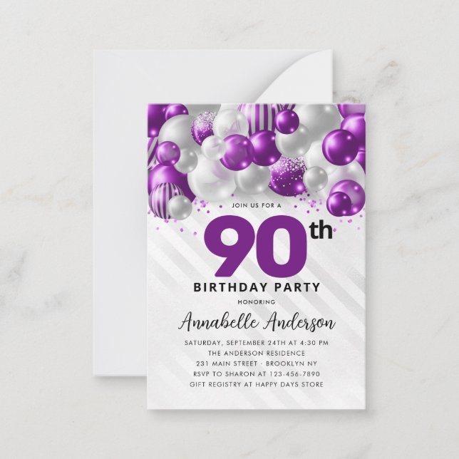 Budget Purple Silver Balloon Glitter 90th Birthday Note Card (Front)
