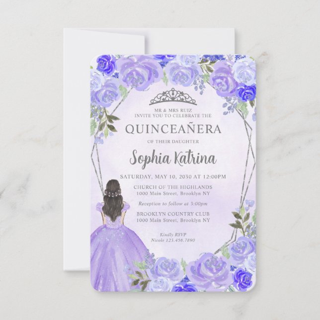 Budget Purple Silver Floral Princess Quinceañera Note Card (Front)
