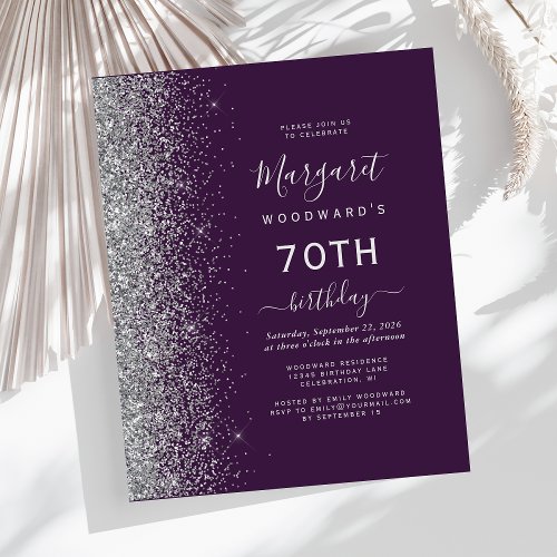 Budget Purple Silver Glitter 70th Birthday Invite