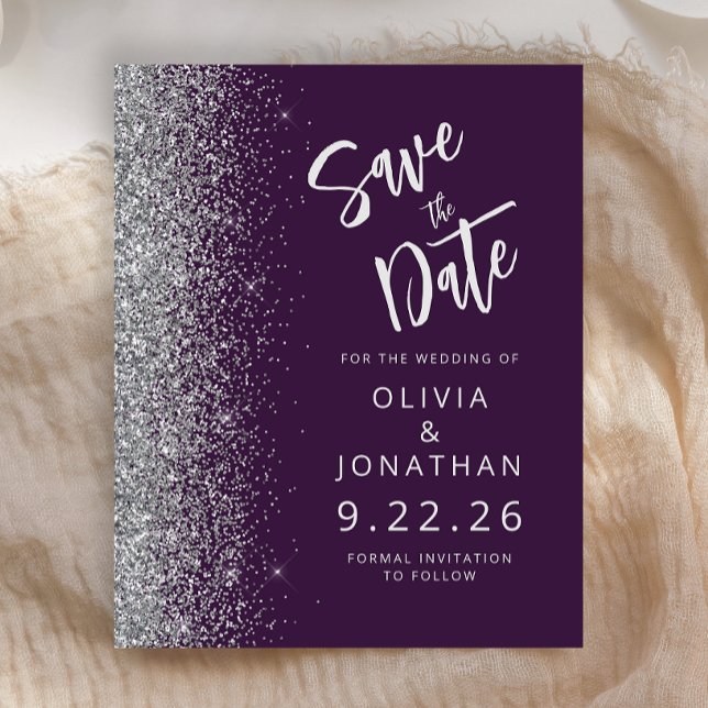 Budget Purple Silver Script Glitter Save the Date (Creator Uploaded)