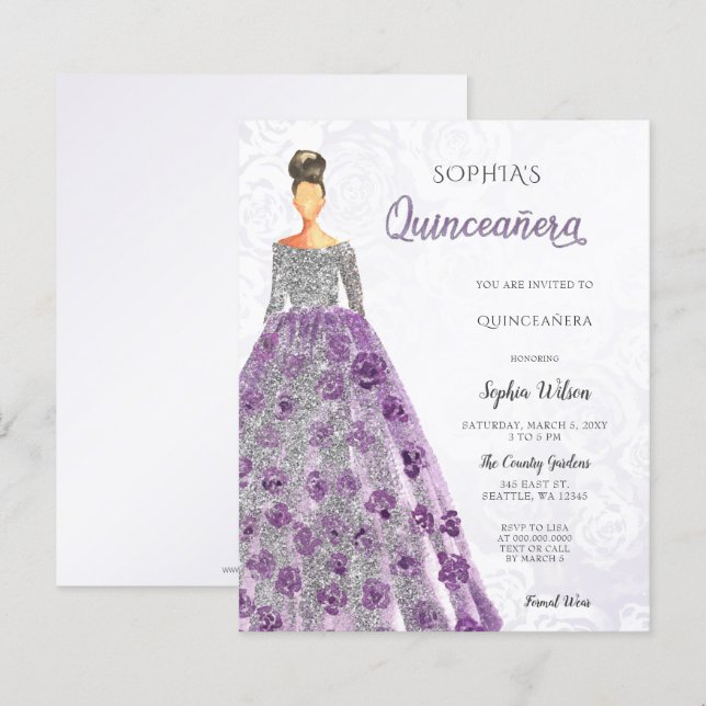 Budget Purple Sparkle Dress Quinceanera Invitation (Front/Back)