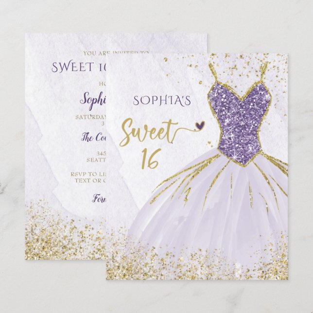 Budget Purple Sparkle Dress Sweet 16 Invitation (Front/Back)