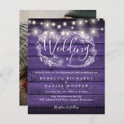 Budget Purple String Light Photo Wedding Invite