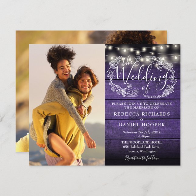 Budget Purple String Lights 2 Photo Wedding Invite (Front/Back)