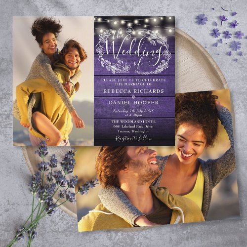 Budget Purple String Lights 2 Photo Wedding Invite