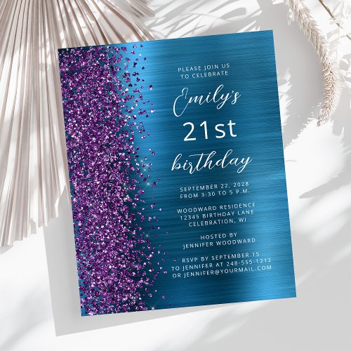 Budget Purple Teal Glam 21st Birthday Invite