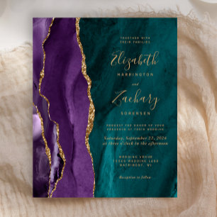 Budget Purple Teal Gold Agate Wedding Invitation