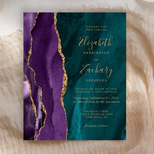 Budget Purple Teal Gold Agate Wedding Invitation