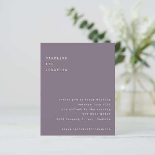 Budget Purple Typewriter Font Wedding Invitation