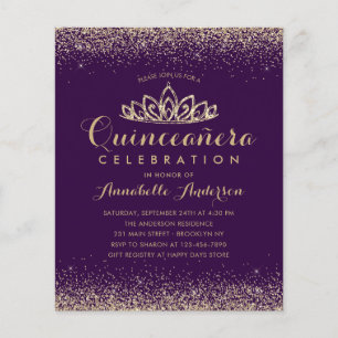 Budget Purple Violet Gold Quinceañera Tiara Invite