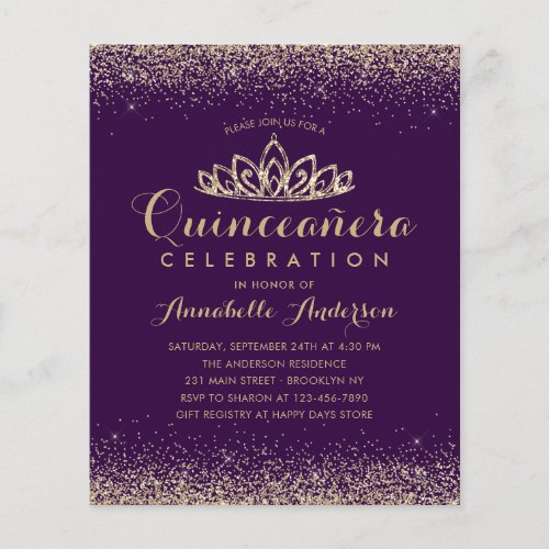 Budget Purple Violet Gold Quinceaera Tiara Invite