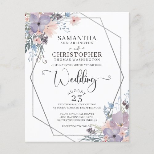 Budget Purple Watercolor Floral Wedding Invitation
