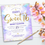 Budget Purple Watercolor Sweet 16 Gold Invitation<br><div class="desc">“Happy Sweet 16”. Send out this stunning, sparkly, girly, festive, modern, personalized, custom budget party invitation for an event to remember. Sparkly gold faux foil and tiny confetti glitter dots and typography script overlay a soft purple watercolor background. Personalize the custom text with your daughter’s name as well as other...</div>