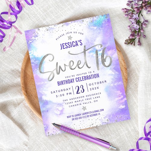 Budget Purple Watercolor Sweet 16 Silver Invite