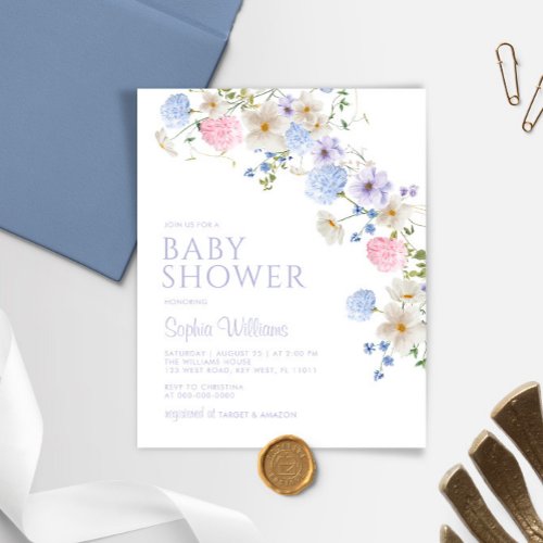Budget Purple Wildflowers Baby Shower Invitation