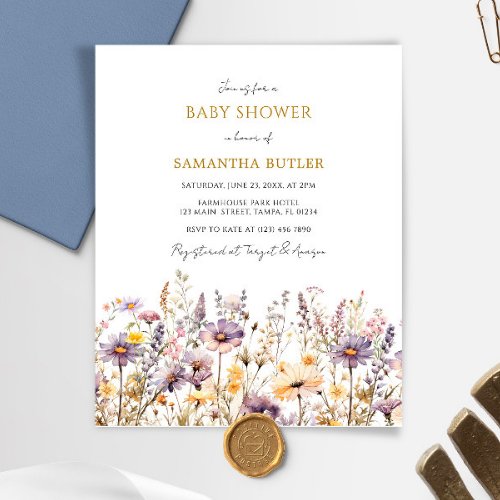 Budget Purple Wildflowers Baby Shower Invitation