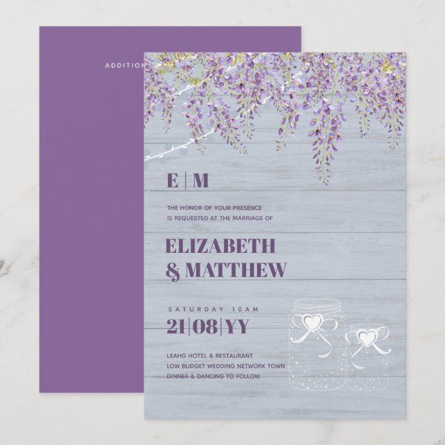 Budget Purple Wisteria Dusty Blue Wedding Invitation (Front/Back)