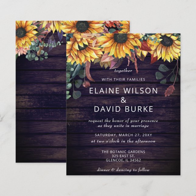 Budget Purple Wood Sunflowers Wedding Invitation (Front/Back)