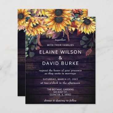 Budget Purple Wood Sunflowers Wedding Invitation