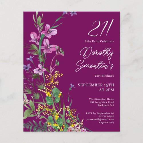 BUDGET Purple Yellow Floral 21st Birthday Invite