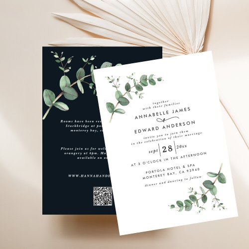 Budget QR code black simple elegant Eucalyptus Invitation