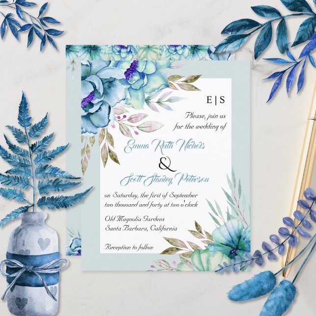 BUDGET QR code blue flowers wedding invitation (Creator Uploaded)