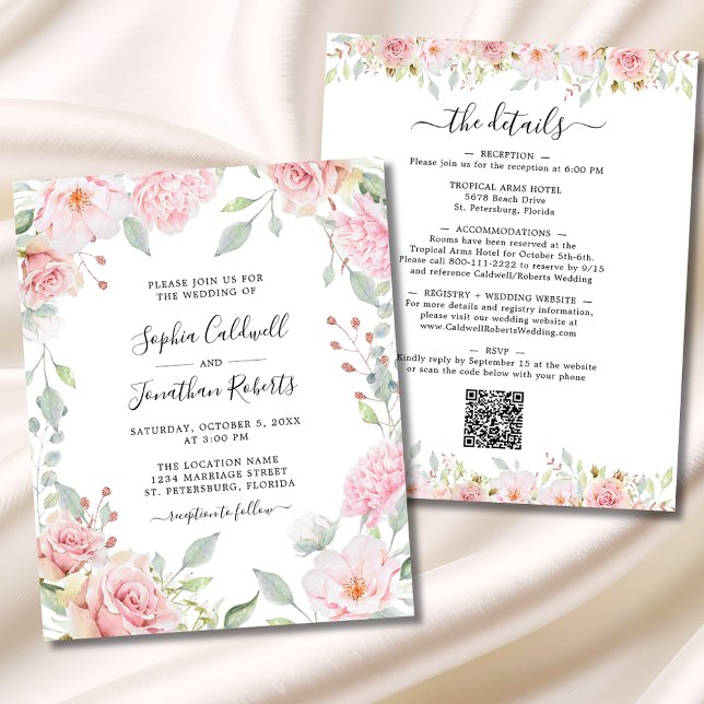 Budget QR Code Details Pink Roses Wedding Invite (Budget All in One Elegant Pink Roses and Sage Greenery Wedding Invitation)