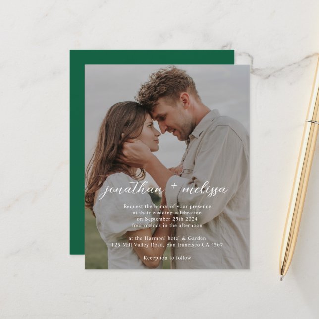 BUDGET QR Code Elegant Emerald Green Photo Wedding (Front/Back In Situ)