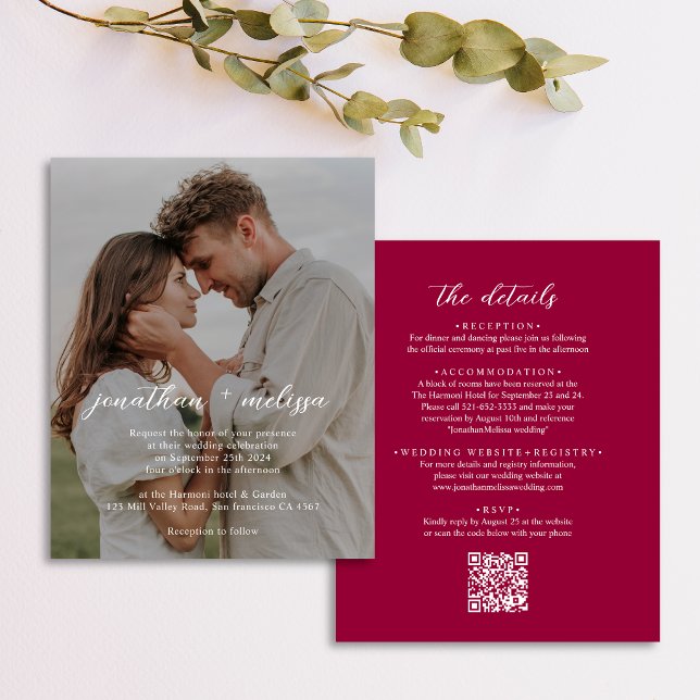 BUDGET QR Code Elegant Magenta Red Photo Wedding (Creator Uploaded)